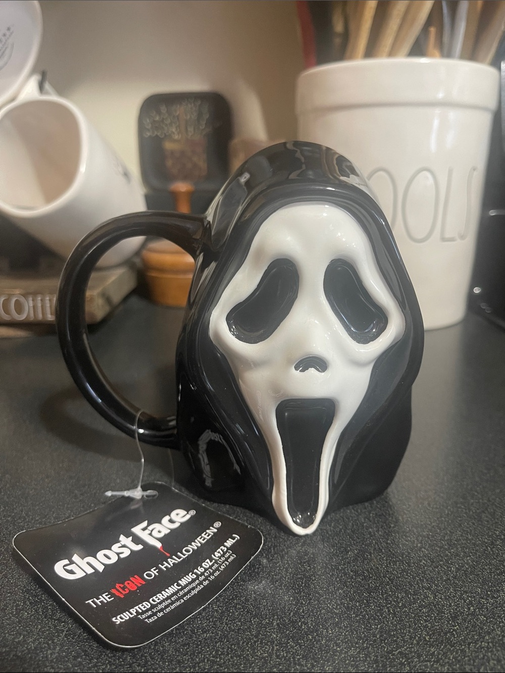 Halloween Ghostface Sculpted Ceramic Mug - Black & White 👻